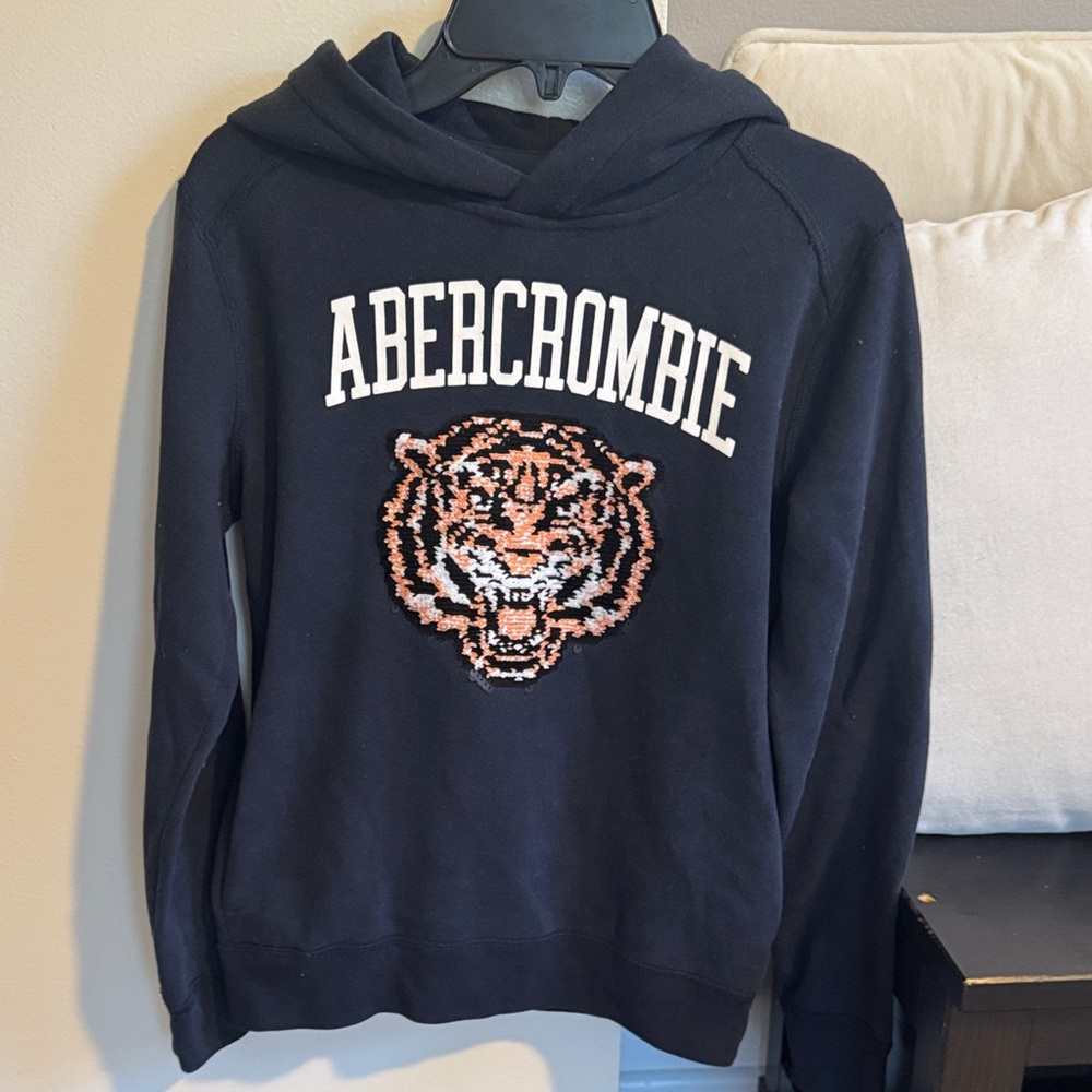 Abercrombie Navy Hoodie with Sequin Tiger Graphic
